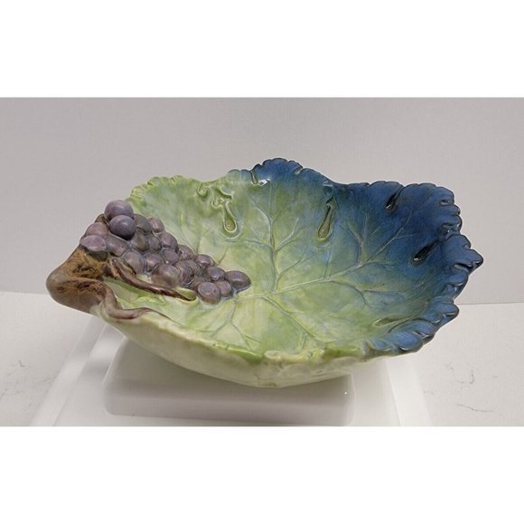 VTG Green Grape Leaf Takahashi San Francisco Pottery Ceramic Majolica Style Bowl - Picture 13 of 16